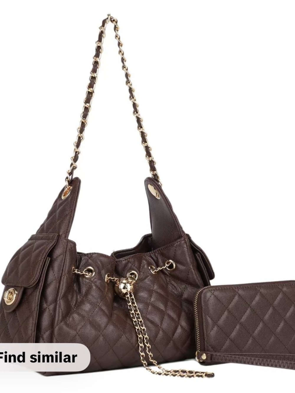 ELLO “Alyssa” Quilted coffee drawstring Shoulder Bag with Gold Chain Detail